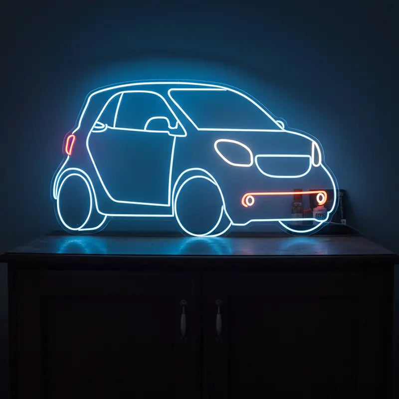 Wanddeko-Idee: Blaues und orangefarbenes Neon-Sign, das ein Smart Auto im Stil eines modernen Kunstwerks zeigt