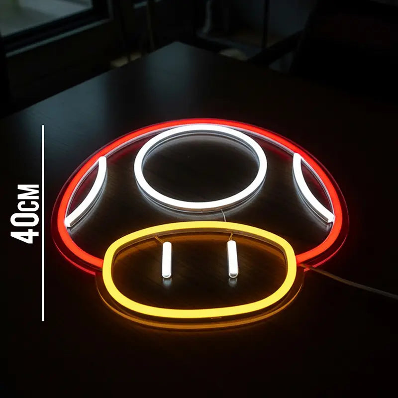 Leuchtendes Toad-Pilz-Schild in Rot und Gelb als Wanddeko für Gaming- und Themen-Räume.