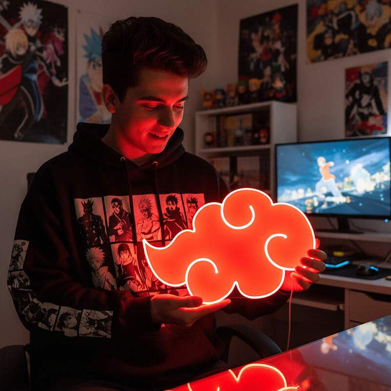 Ikonisches japanisches Wolken-Symbol (Glückswolke) in einem LED-Neon-Design, das in intensiver roter Farbe leuchtet.
