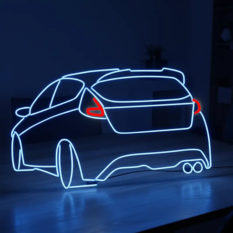 Leuchtendes Neon-Schild in Blau und Weiß, das die sportliche Heckansicht eines Ford Focus ST oder RS (Hatchback) zeigt.