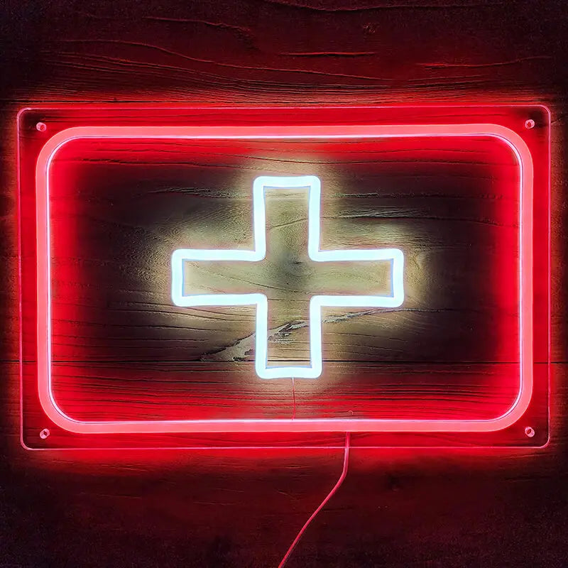 Modernes Neon-Schild mit weißem Schweizer Kreuz im Zentrum und einem leuchtend roten rechteckigen Rahmen.
