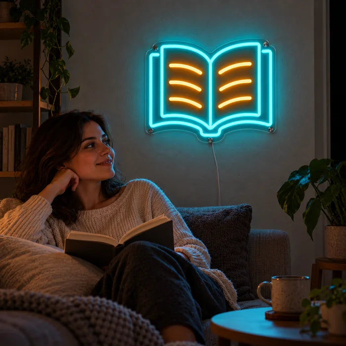 Lesebuch Neon LED Schild an der Wohnzimmerwand, davor entspannt eine Person auf dem Sofa