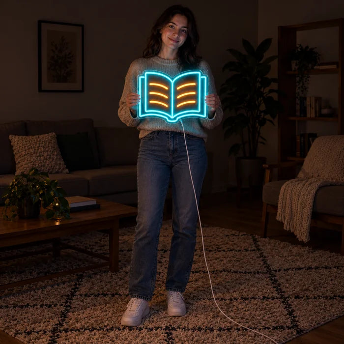 Lesebuch Neon LED Schild von einer Frau gehalten, zeigt die Größe im Vergleich zum Körper