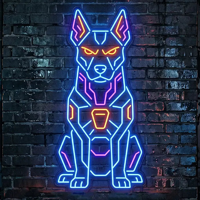 Cyber Dog Neon LED Schild – leuchtender Cyberpunk Hund im Gaming-Setup