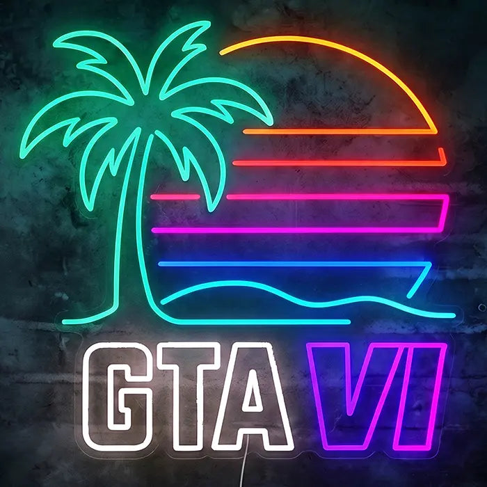 GTA VI Miami Set Neon LED Schild im Design Standard auf klarem Acryl, Frontansicht an dunkler Wand, Palme vor gestreifter Retro-Sonne über GTA in Weiß und VI in Lila