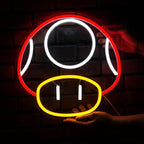 Neon-Licht in der Form des freundlichen Mario-Pilzes, mit rot-weißem Kopf und gelbem Sockel.
