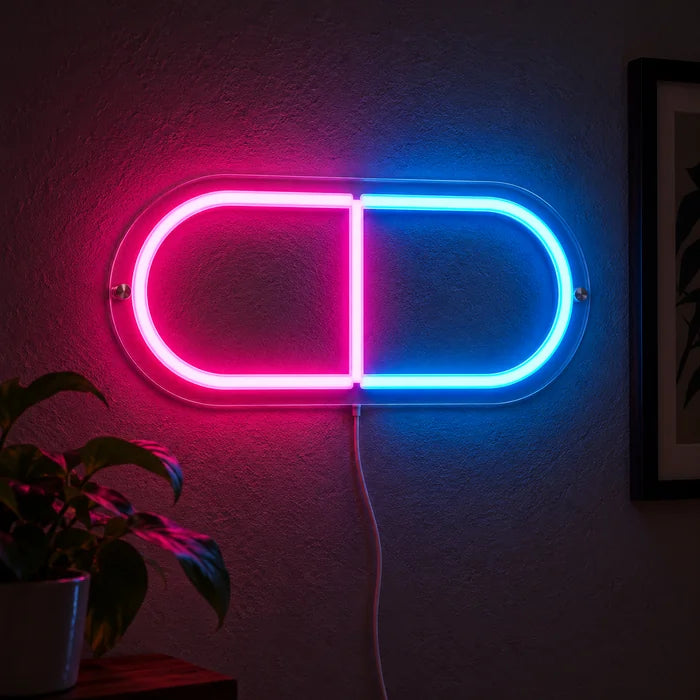 Medikamentenkapsel Neon LED Schild leuchtend an einer dunklen Wand, Nahaufnahme mit Anschlusskabel