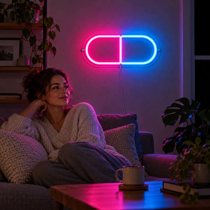 Medikamentenkapsel Neon LED Schild an der Wohnzimmerwand, davor entspannt eine Person auf dem Sofa