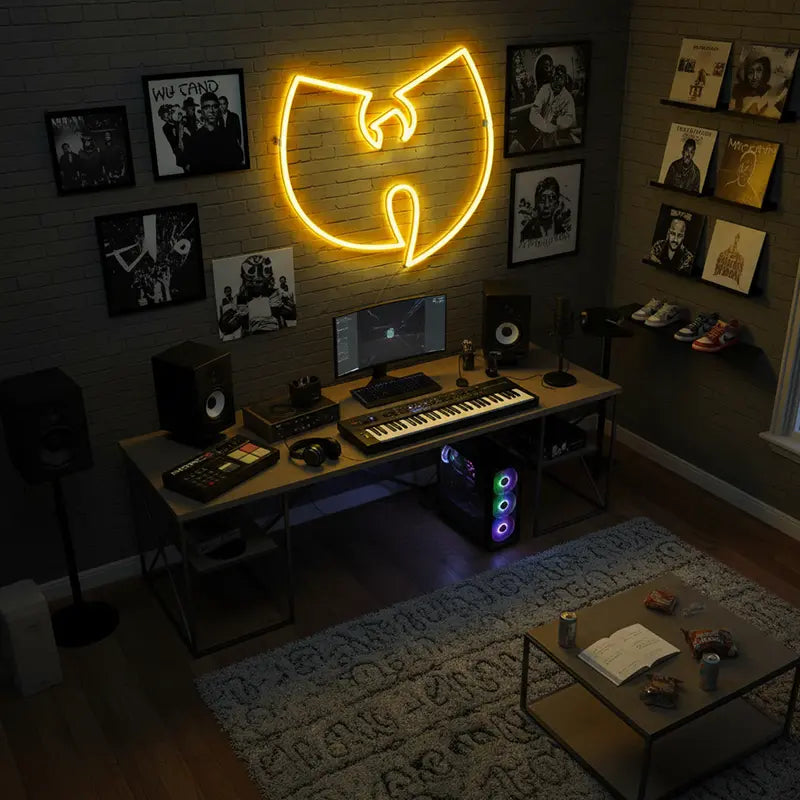 Custom-Neon-Sign mit dem berühmten W-Logo der Rap-Gruppe, beleuchtet in warmem Orange.
