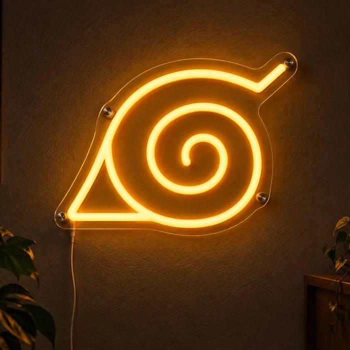 Naruto Konoha Symbol Neon LED Schild leuchtend an einer dunklen Wand, Nahaufnahme mit Anschlusskabel