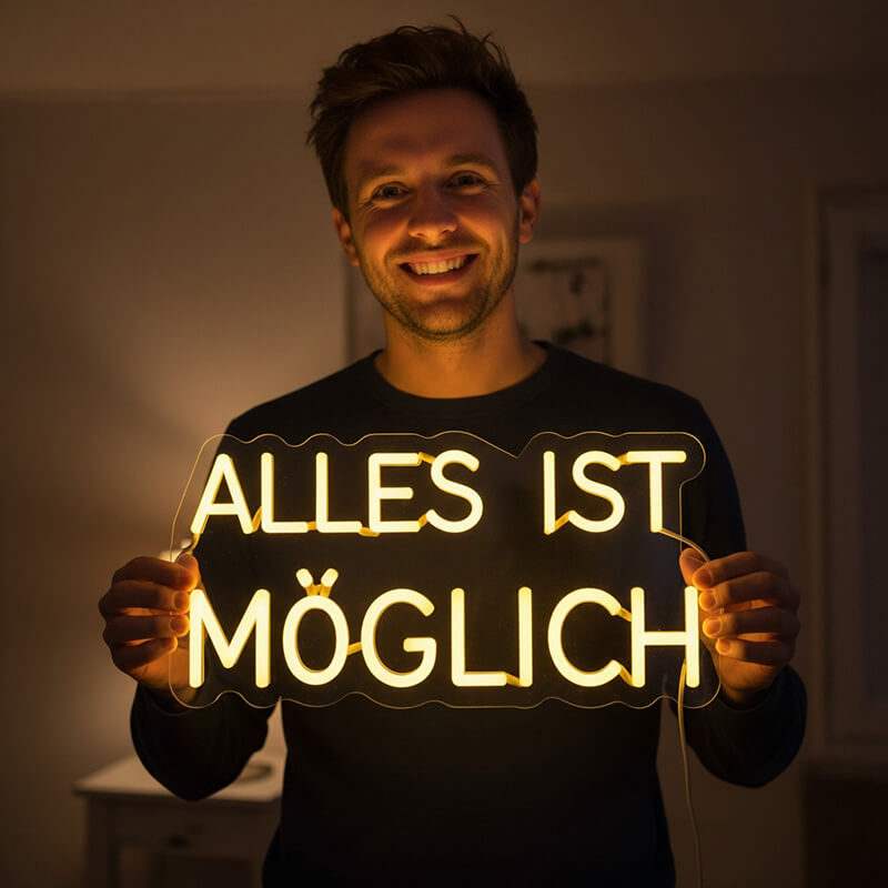 Zweizeiliges Neon-Schild mit dem deutschen Motivationsspruch "ALLES IST MÖGLICH", leuchtend in warmem, intensivem Gelb oder Gold.