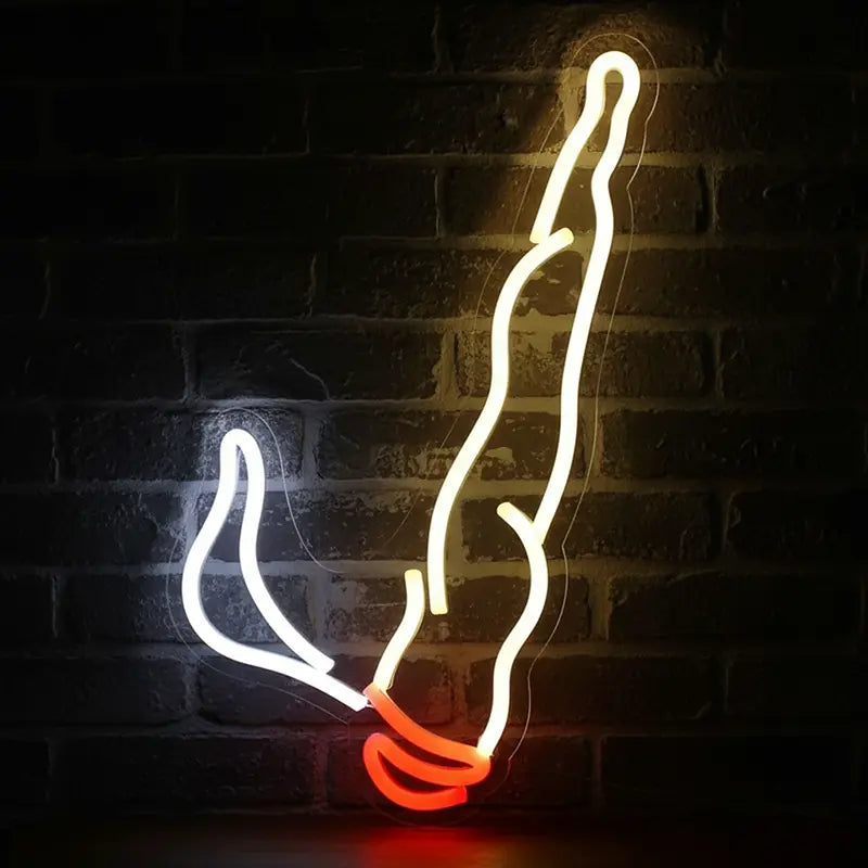Neon-Schild in der Form eines Joints oder Gelenks, wobei die Spitze in glühendem Rot und der Rest in Weiß/Gelb leuchtet.
