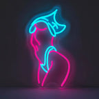 Neon-Schild als stilisierte, weibliche Körpersilhouette in Pink und Weiß, ideal für Burlesque-Deko.

