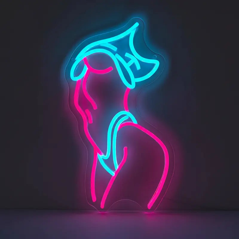 Neon-Schild als stilisierte, weibliche Körpersilhouette in Pink und Weiß, ideal für Burlesque-Deko.

