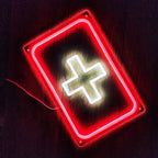 Helles, flexibles LED-Kreuz in Weiß, umgeben von einem roten Neon-Rand als auffälliges Dekor-Element.
