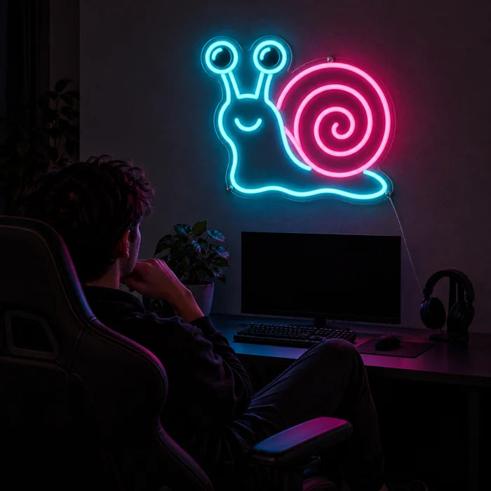 Neon-Schnecke Neon LED Schild über dem Gaming-Schreibtisch, davor ein Spieler im Gaming-Stuhl