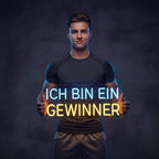 Zweizeiliges Neon-Schild mit dem deutschen Motivationsspruch "ICH BIN EIN GEWINNER", wobei "ICH BIN EIN" in Blau und "GEWINNER" in Gelb leuchtet.