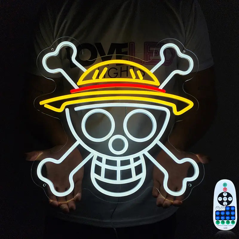Anime Piraten Neon LED Schild 12V – One Piece Piratenlogo als Anime-Wanddeko mit Fernbedienung