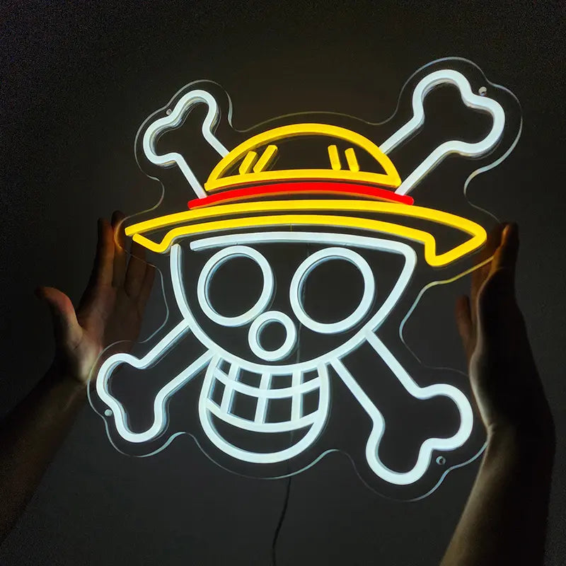 LED Neonlicht Schädel mit gekreuzten Knochen – auffällige Piraten Deko