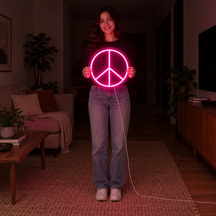 Peace Neon LED Schild von einer Frau gehalten, zeigt die Größe im Vergleich zum Körper