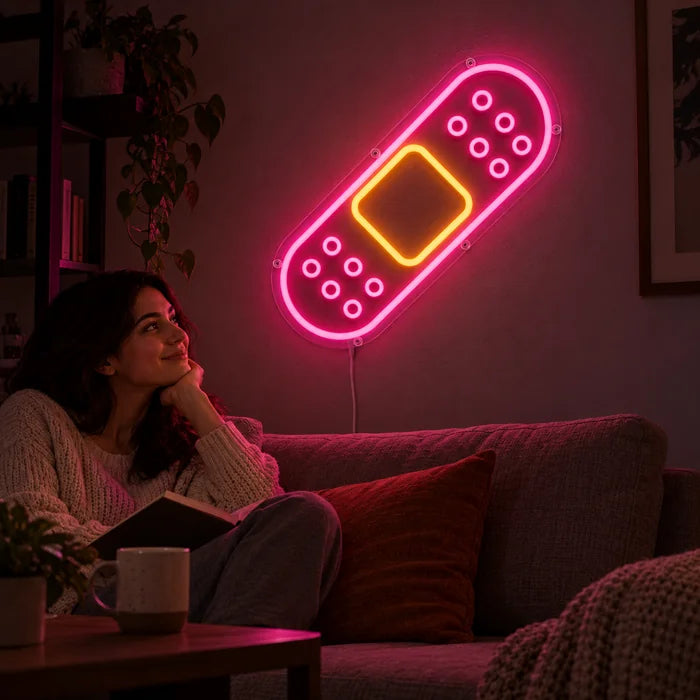 Pflaster Neon LED Schild an der Wohnzimmerwand, davor entspannt eine Person auf dem Sofa
