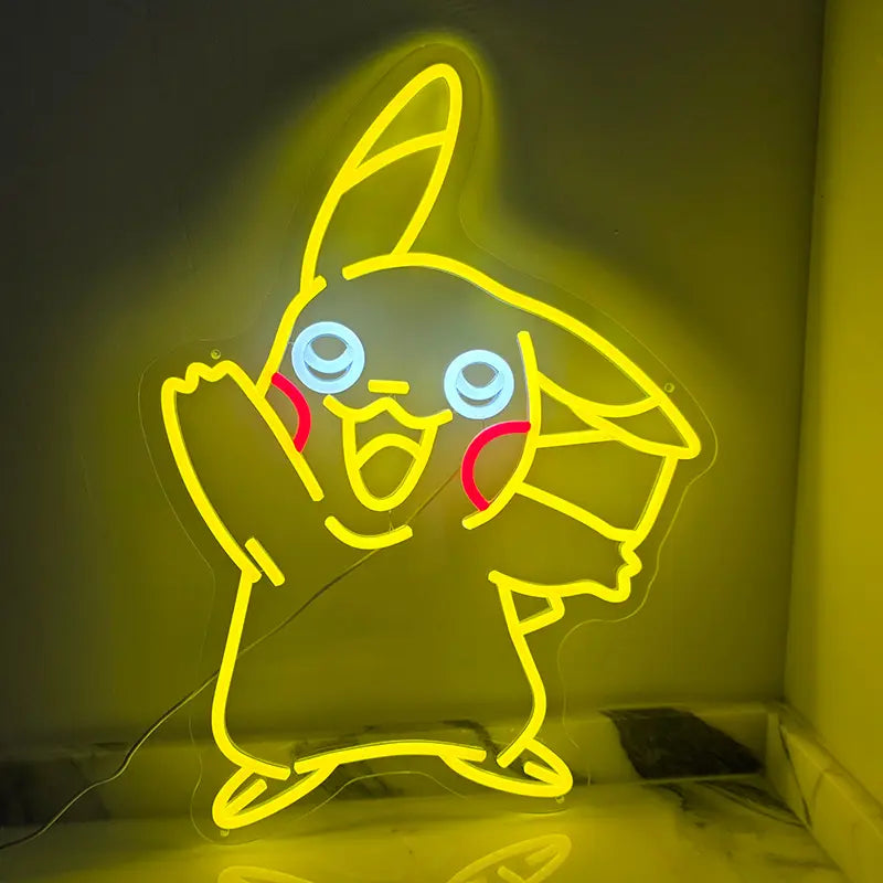 Hochwertiges LED-Neon-Schild auf transparenter Acrylplatte im ikonischen Pikachu-Look der ersten Generation.