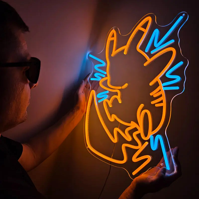 Pikachu Blitz Neonschild – LED Wanddeko in Gelb-Blau für Gaming-Setup