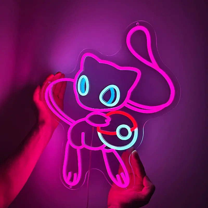 Mew LED Leuchtschild beleuchtet – pinkes Pokémon Wandbild als Wanddeko