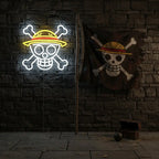 Leuchtender Totenkopf mit Strohhut als LED Neonschild für Wandgestaltung