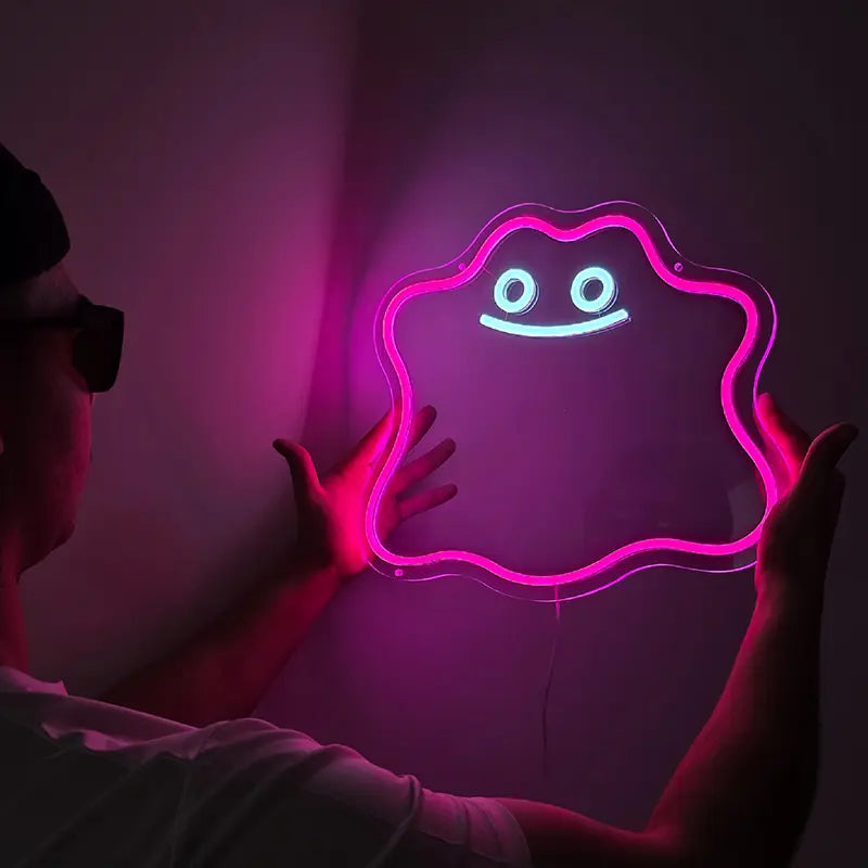 Ditto Pokémon LED Wandkunst – Anime Deko in Pink und Weiß