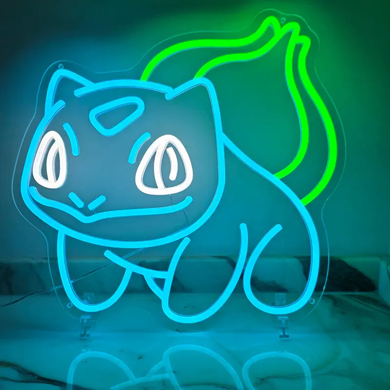 "Wanddekoration für Nerds: Ein elektrisches Bisasam-Neon-Logo für das Home-Office oder Schlafzimmer.