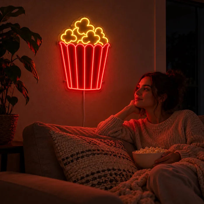 Popcorn Neon LED Schild an der Wohnzimmerwand, davor entspannt eine Person auf dem Sofa