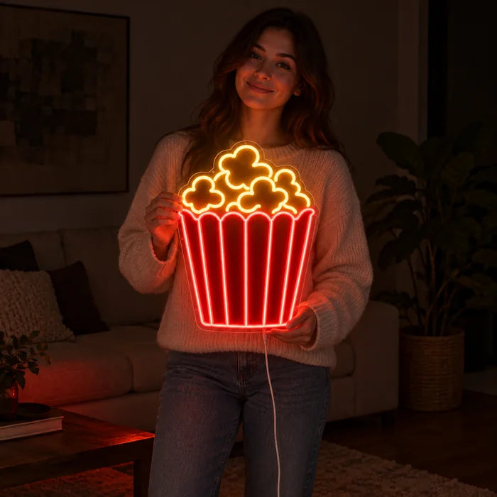 Popcorn Neon LED Schild von einer Frau gehalten, zeigt die Größe im Vergleich zum Körper