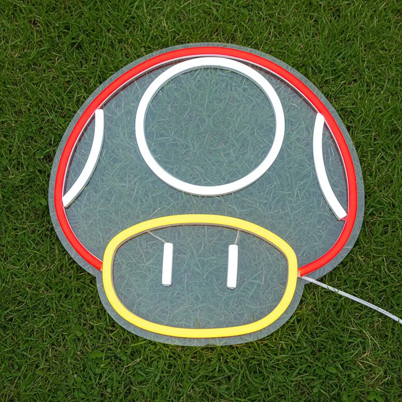 Pilz-Neon-Motiv: Das Power-Up-Symbol in den klassischen Mario-Farben, ein Muss für jeden Retro-Fan.
