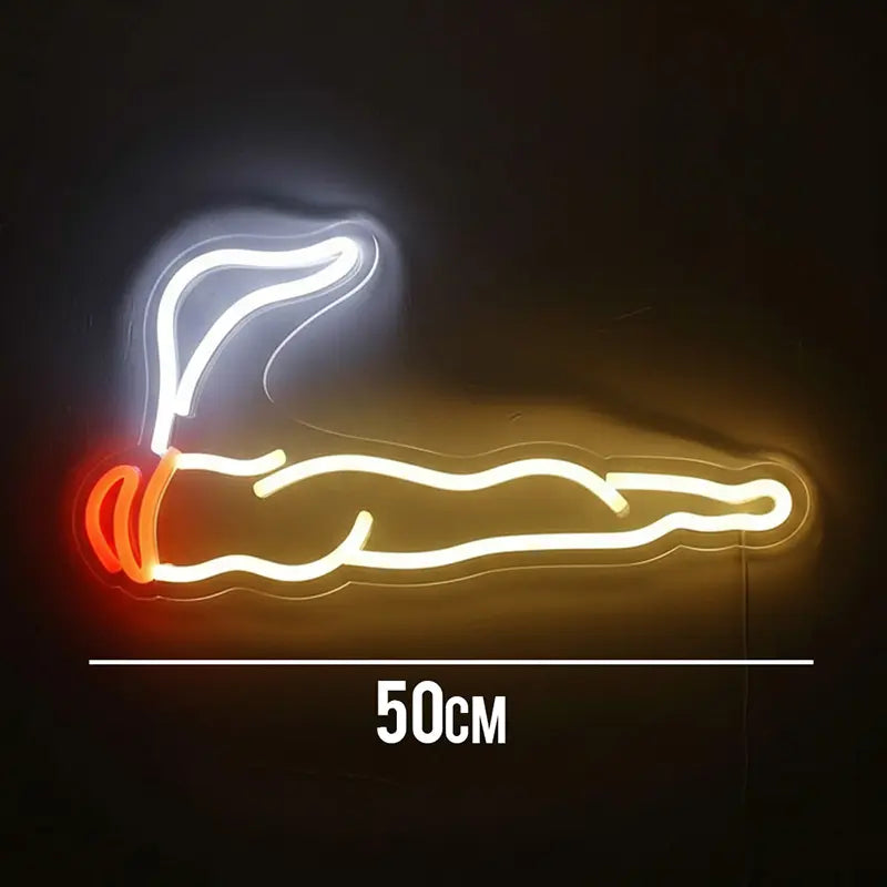Themen-Neon-Schild: Leuchtendes Joint-Symbol mit realistisch glühender Spitze in Rot und Orange.
