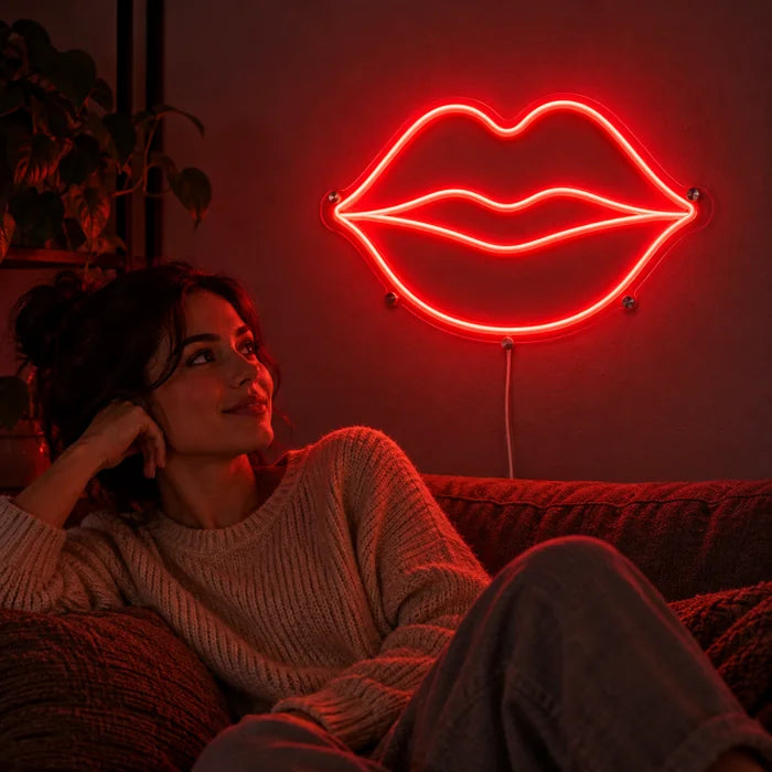 Rote Lippen Neon LED Schild an der Wohnzimmerwand, davor entspannt eine Person auf dem Sofa