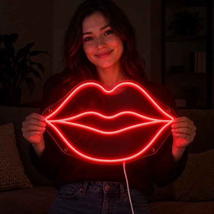 Rote Lippen Neon LED Schild in den Händen einer lächelnden Frau vor dunklem Hintergrund