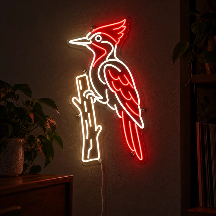 Roter Specht Neon LED Schild leuchtend an einer dunklen Wand, Nahaufnahme mit Anschlusskabel