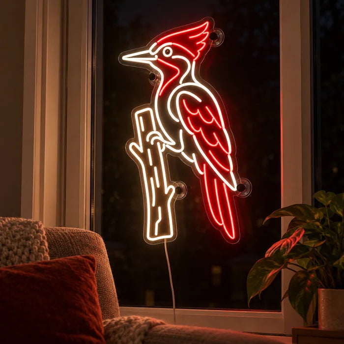 Roter Specht Neon LED Schild abends im Fenster eines gemütlichen Wohnzimmers