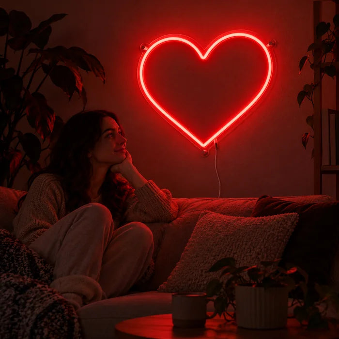Rotes Herz Neon LED Schild an der Wohnzimmerwand, davor entspannt eine Person auf dem Sofa