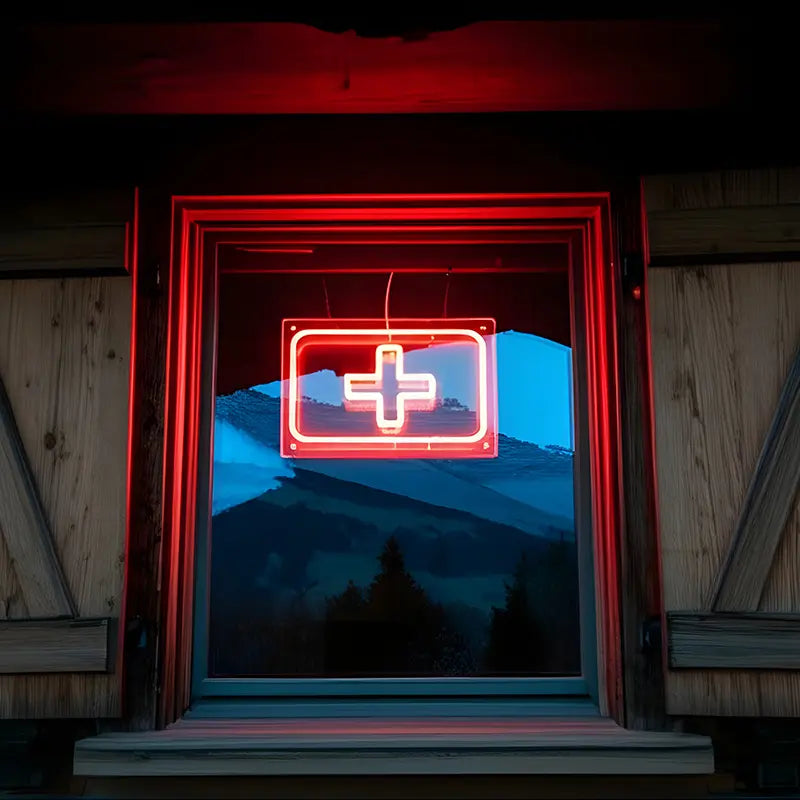 Custom-Neon-Beleuchtung mit dem Symbol der Schweizer Flagge (weißes Kreuz auf rotem Grund), innen beleuchtet.
