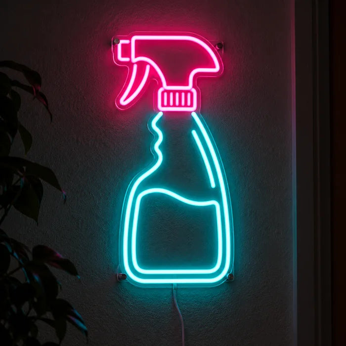 Sauberzauber Neon LED Schild leuchtend an einer dunklen Wand, Nahaufnahme mit Anschlusskabel