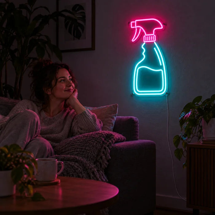 Sauberzauber Neon LED Schild an der Wohnzimmerwand, davor entspannt eine Person auf dem Sofa