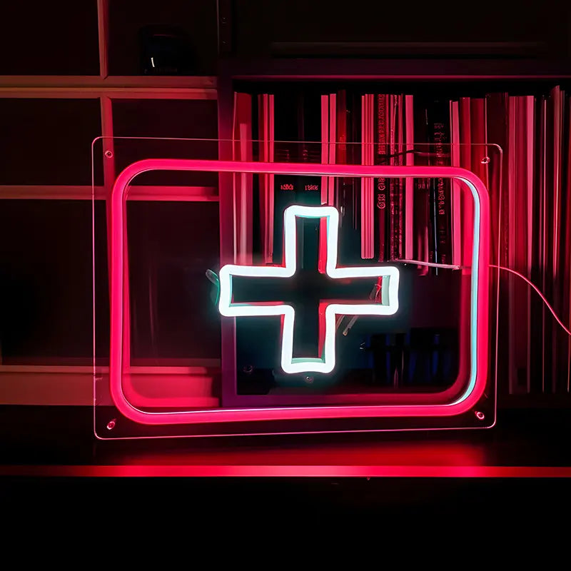 Quadratisches Schweizer Kreuz als leuchtendes Neon-Wanddeko in den Farben der Nationalflagge Rot und Weiß.
