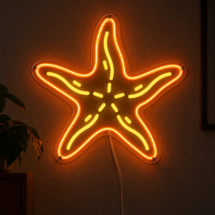 Seestern Neon LED Schild leuchtend an einer dunklen Wand, Nahaufnahme mit Anschlusskabel