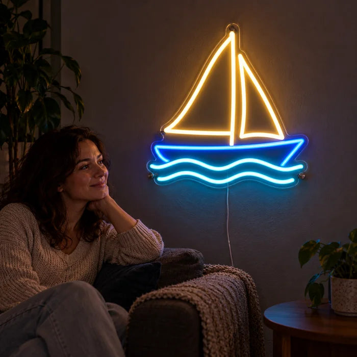 Segelboot Neon LED Schild an der Wohnzimmerwand, davor entspannt eine Person auf dem Sofa