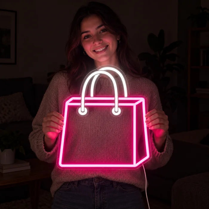 Shoppingtasche Neon LED Schild in den Händen einer lächelnden Frau vor dunklem Hintergrund