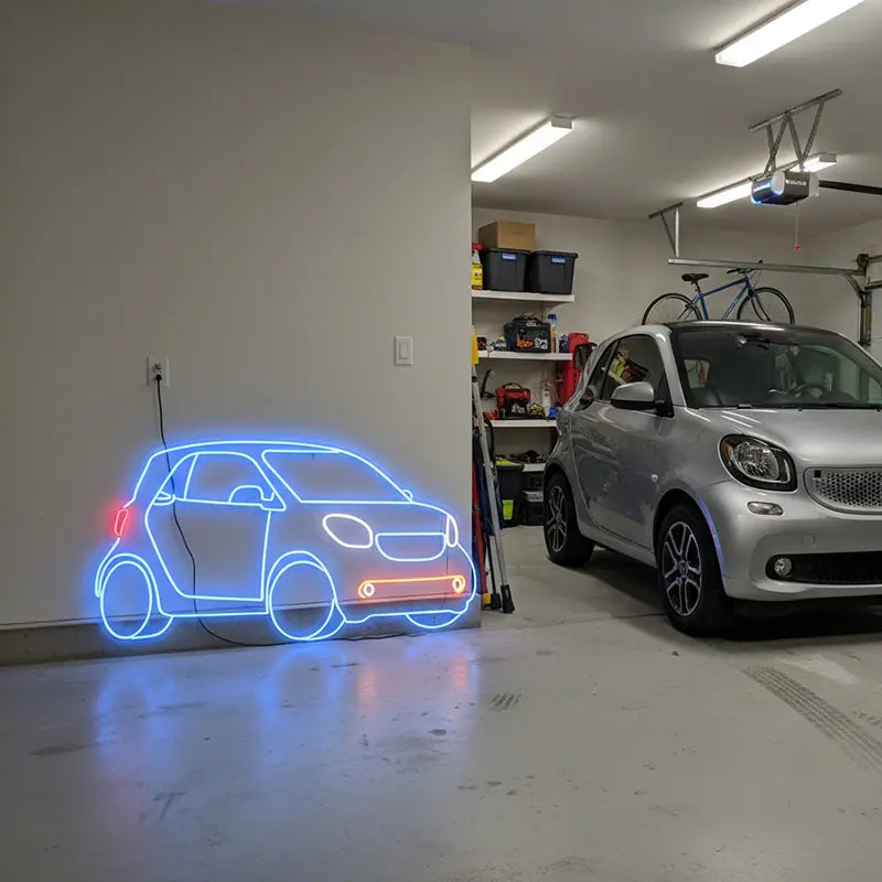 Neon-Silhouette eines Smart Fortwo mit eingeschaltetem Licht. Perfekt als Deko für Garage, Werkstatt oder Wohnzimmer
