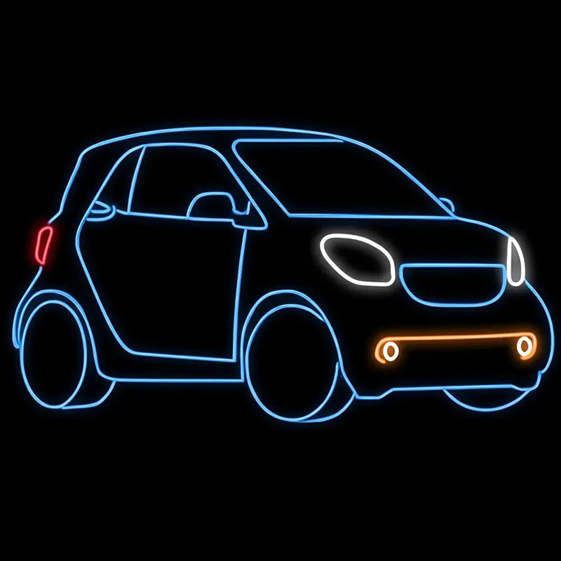 Auto-Neon-Licht für Smart-Liebhaber: Ein blau leuchtendes LED-Schild, das das ikonische Stadtauto als Outline zeigt