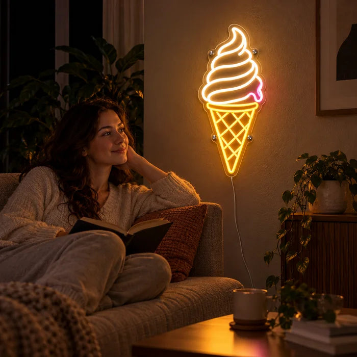 Softeis Neon LED Schild an der Wohnzimmerwand, davor entspannt eine Person auf dem Sofa